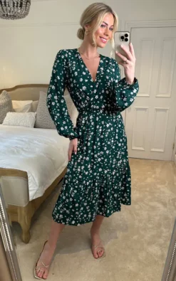 Apricot Green Ditsy Dot Wrap Midi Dress