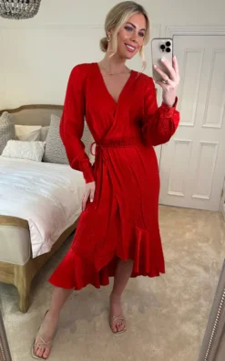 Long Sleeve Wrap Midaxi In Red Animal Jacquard With Ruffle Hem