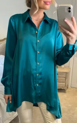 Lori Teal Satin Blouse With Hi Lo Hem