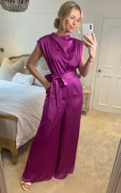 Saffy Orchid Satin High Neck Sleeveless Jumpsuit