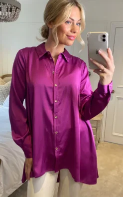 Lori Orchid Satin Blouse With Hi Lo Hem