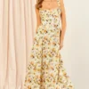Bardot Midi Corset Dress In Yellow Floral Print