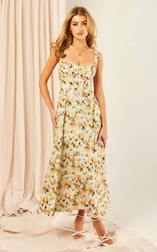 Bardot Midi Corset Dress In Yellow Floral Print - Image 2