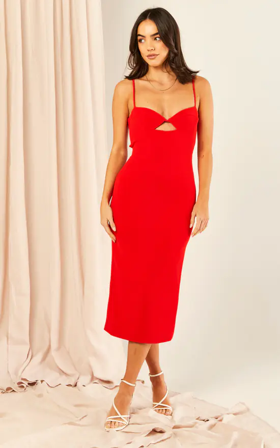 Bardot Cut Out Midi Dress In Red - Image 2