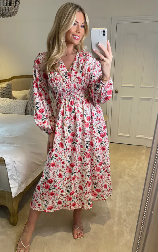Pink Floral Print Midi Long Sleeves Dress With Smock Detail And Covered Buttons In White - Image 3