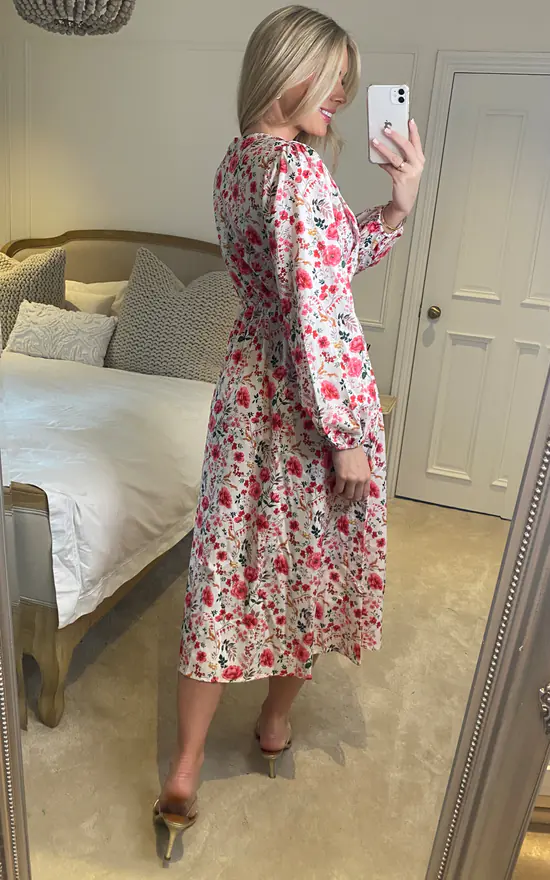 Pink Floral Print Midi Long Sleeves Dress With Smock Detail And Covered Buttons In White - Image 4