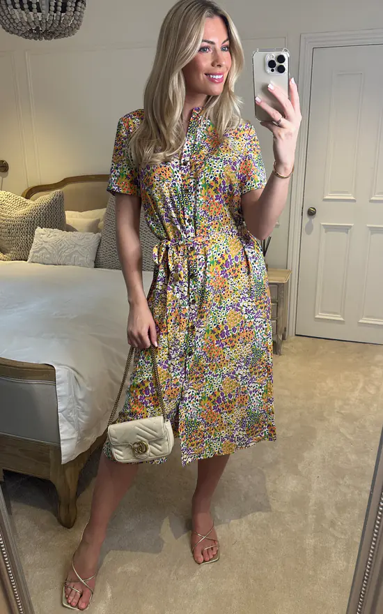 Multicolour Floral Print Button Down Midi Shirt Dress With Standing Collar - Image 2