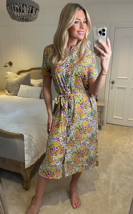 Multicolour Floral Print Button Down Midi Shirt Dress With Standing Collar