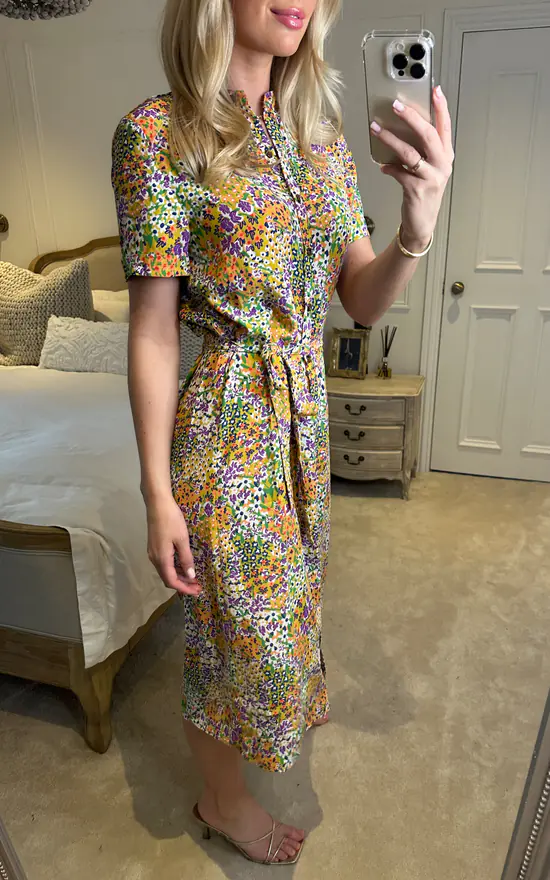 Multicolour Floral Print Button Down Midi Shirt Dress With Standing Collar - Image 3