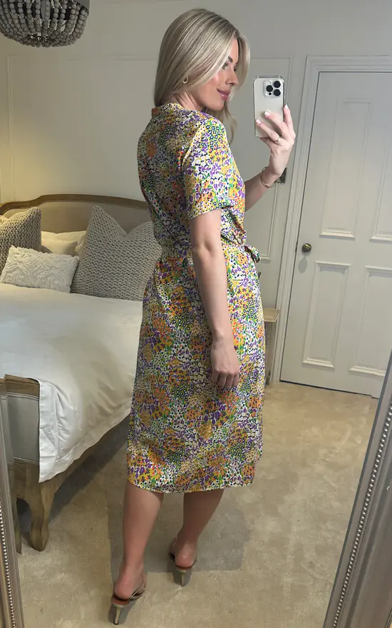 Multicolour Floral Print Button Down Midi Shirt Dress With Standing Collar - Image 4