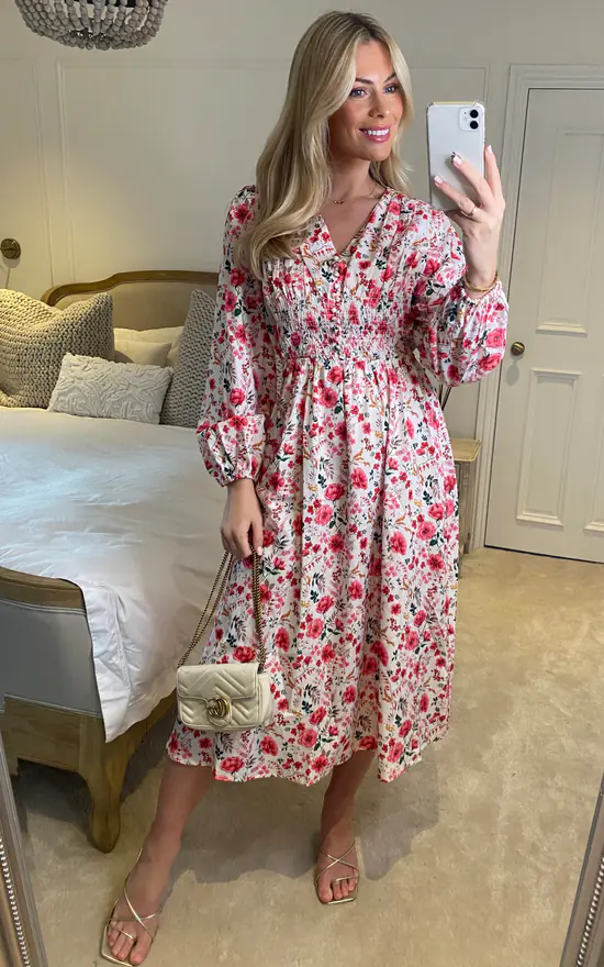 Pink Floral Print Midi Long Sleeves Dress With Smock Detail And Covered Buttons In White - Image 2