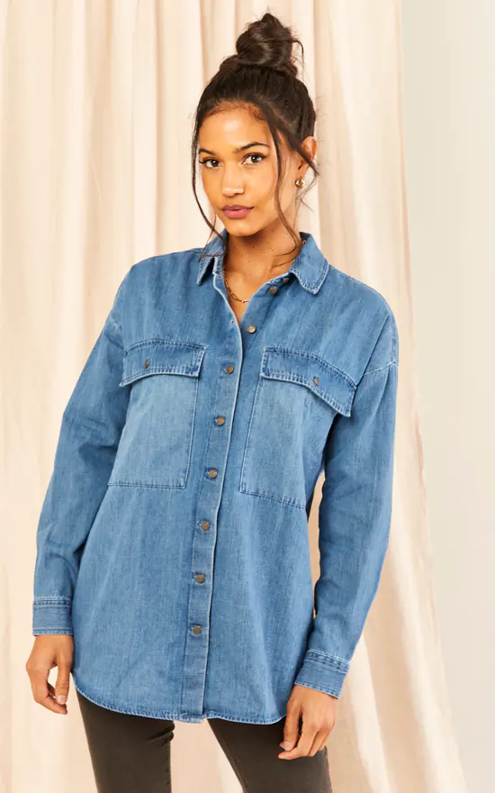 Noisy May Oversized Denim Shirt In Medium Blue - Image 3