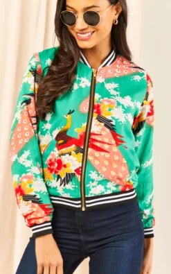 Lush Eastern Peacock Bomber Jacket In Emerald Green