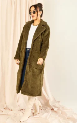 Khaki Longline Teddy Coat