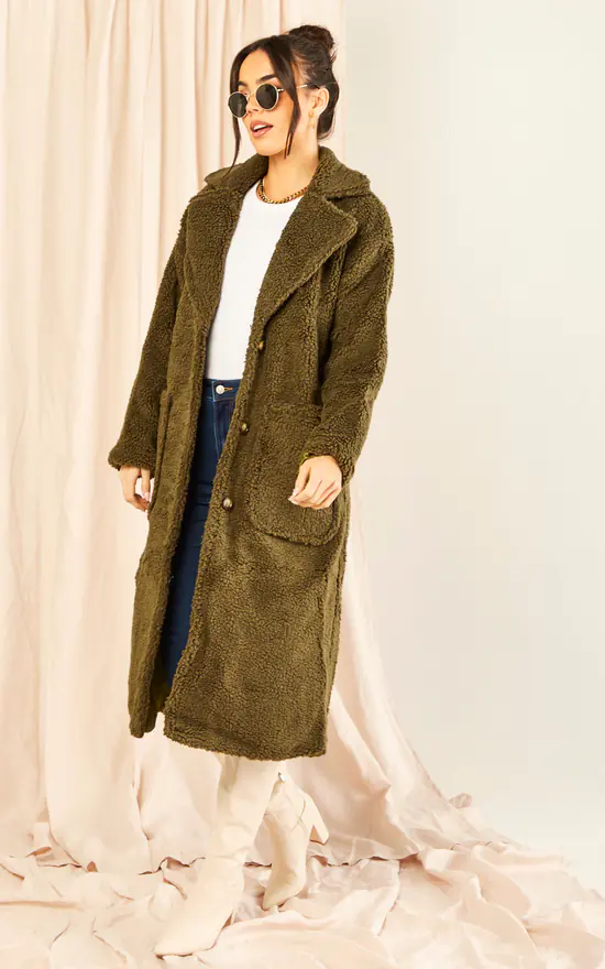 Khaki Longline Teddy Coat