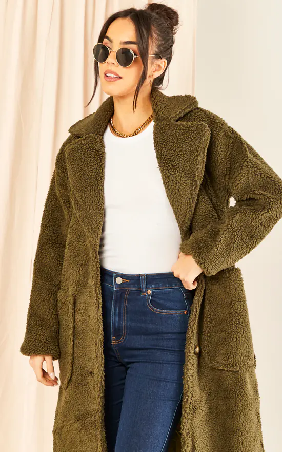 Khaki Longline Teddy Coat - Image 2