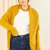 Chunky Pleat Long Cardigan In Mustard Yellow