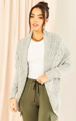 Chunky Pleat Long Cardigan In Light Grey