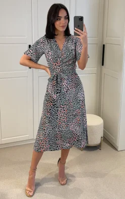 Leopard Print Midi Wrap Dress With Belt Fastening In Multicolour