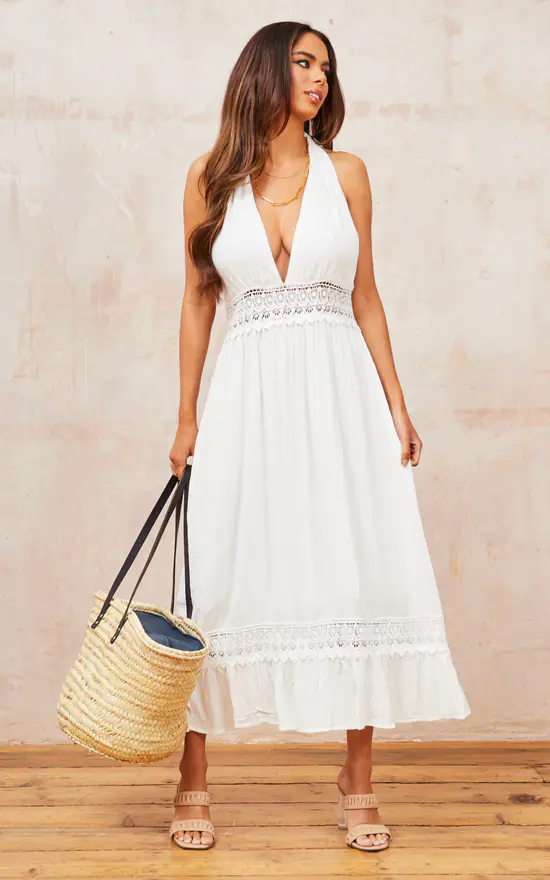 V Neck Back Tie Detail Lace Midi Dress In Ivory White - Image 2