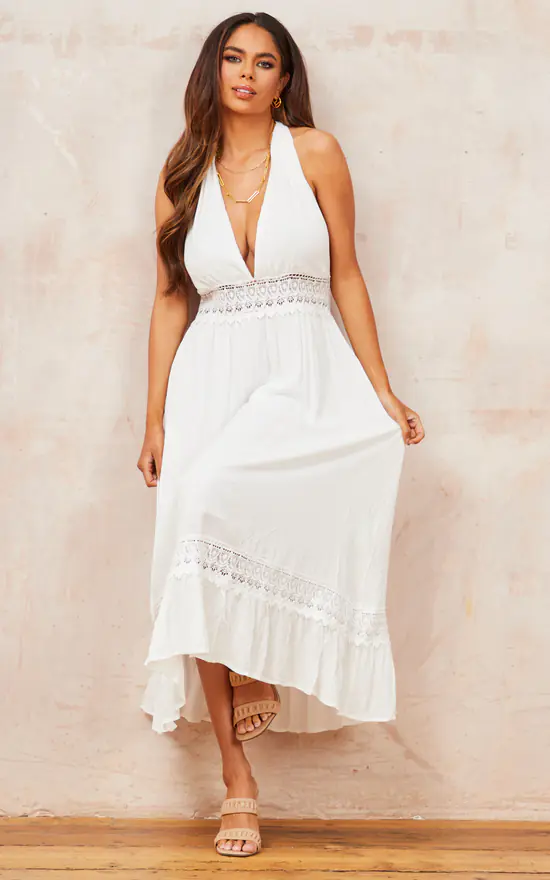 V Neck Back Tie Detail Lace Midi Dress In Ivory White