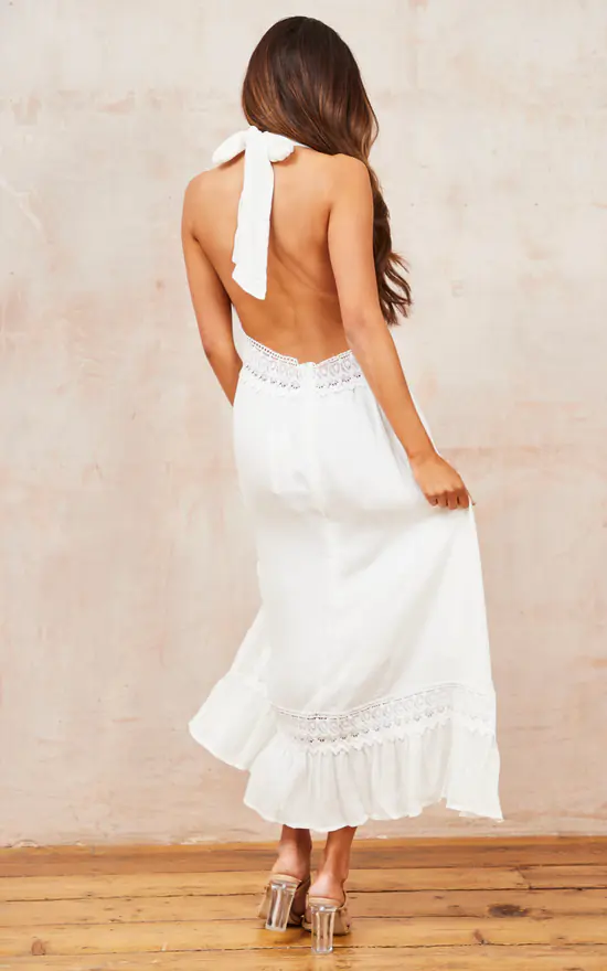 V Neck Back Tie Detail Lace Midi Dress In Ivory White - Image 4