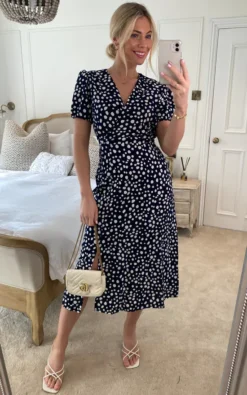 Mela Spot Midi Tea Dress In Navy