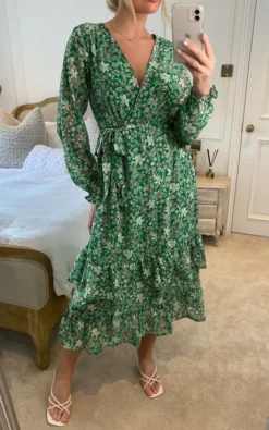 Yumi Floral Wrap Long Sleeve Tiered Midi Dress In Green