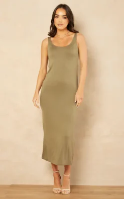 Pieces Sleeveless Maxi Dress With Scoop Neck In Light Khaki