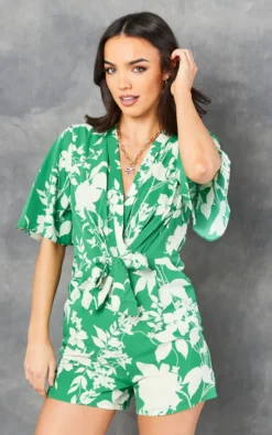 Kimono Knot Top Playsuit In Green Floral Print