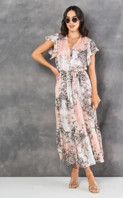 Short Sleeve V Neck Midi Dress In Mixed Leopard Print