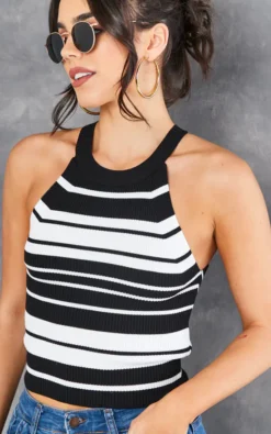 ONLY Sleeveless Striped Halter Neck Top In Black And White