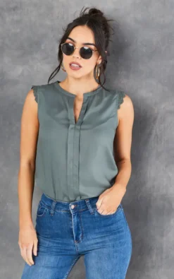 ONLY Sleeveless Blouse With V Neck In Khaki