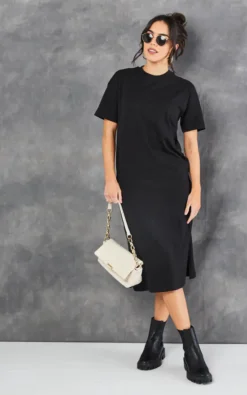 Short Sleeve Oversized Midi T Shirt Dress In Black