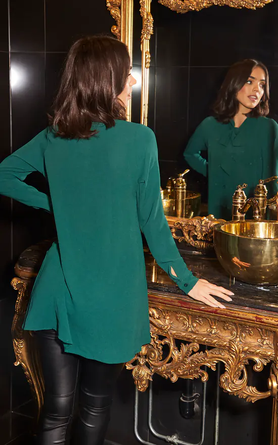 Long Sleeve Pussy Bow Tunic Blouse In Emerald Green - Image 4