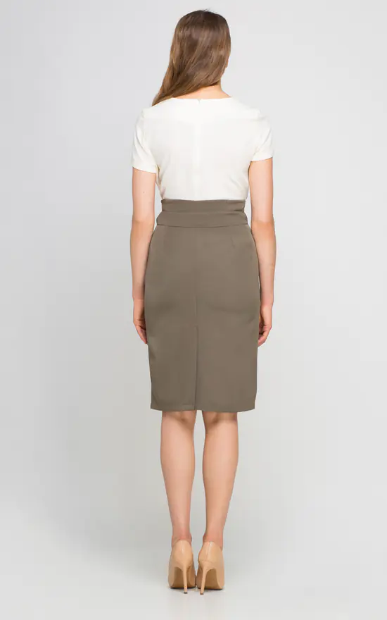 Pencil High Waisted Midi Skirt, Khaki - Image 2