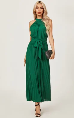 Halter Neck Pleated Jumpsuit In Green