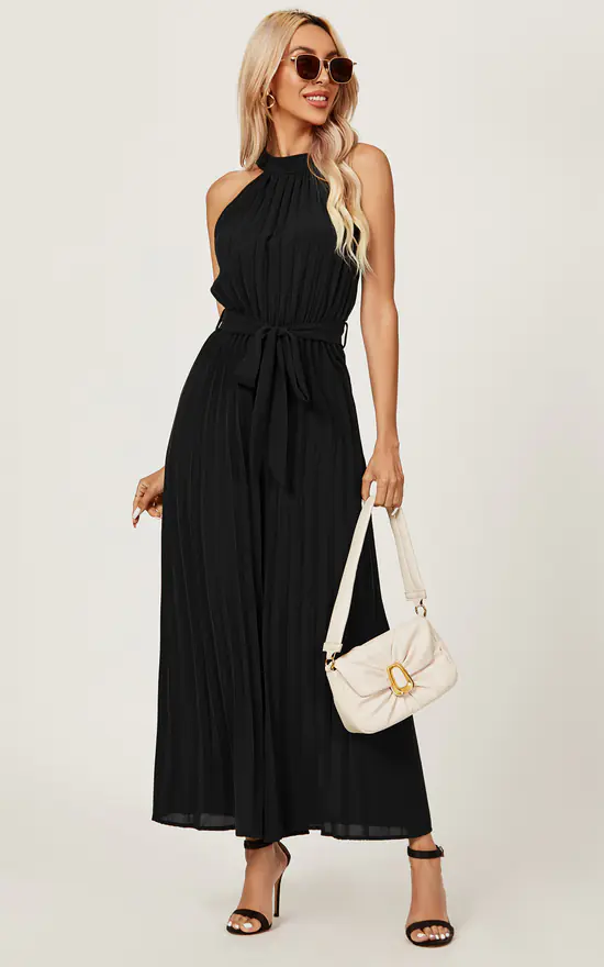 Halter Neck Pleated Jumpsuit In Black