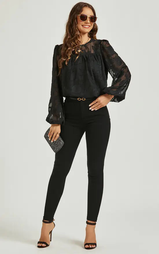 Long Sleeve Flocked Tulle Lace Top In Black - Image 3