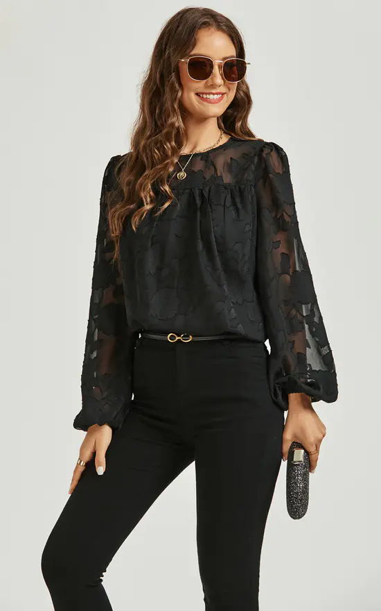 Long Sleeve Flocked Tulle Lace Top In Black - Image 4