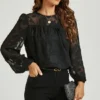 Long Sleeve Flocked Tulle Lace Top In Black
