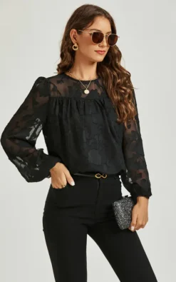 Long Sleeve Flocked Tulle Lace Top In Black