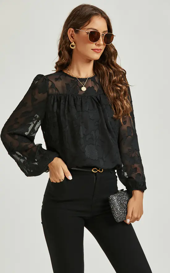 Long Sleeve Flocked Tulle Lace Top In Black