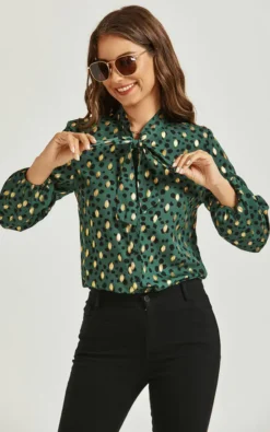Gold Foil Black Leopard Dot Print Pussybow Blouse/Shirt In Green