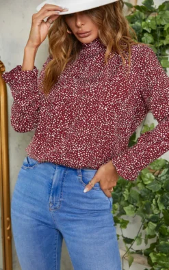 Frill Detail High Neck Top In Wine Red & White Animal Print