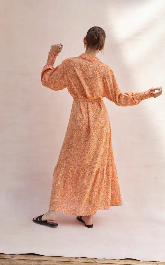 Long Sleeve Maxi Shirt Dress In Orange Print - Image 4
