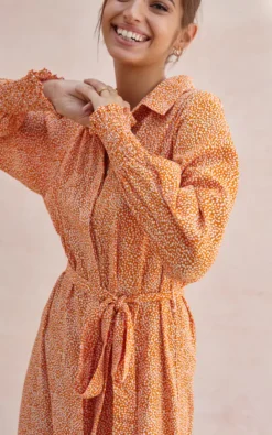 Long Sleeve Maxi Shirt Dress In Orange Print
