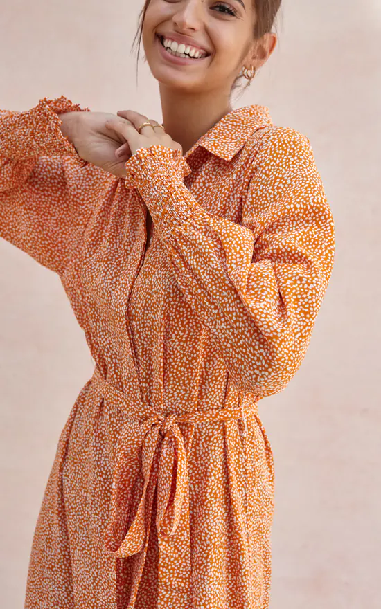 Long Sleeve Maxi Shirt Dress In Orange Print
