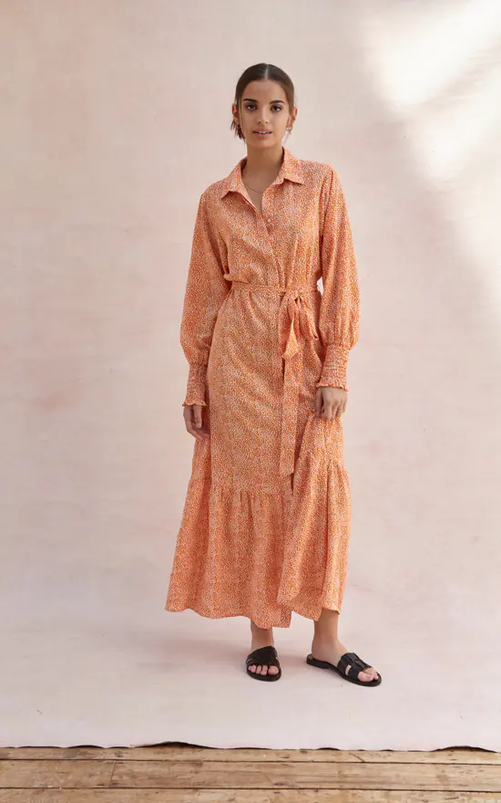 Long Sleeve Maxi Shirt Dress In Orange Print - Image 3
