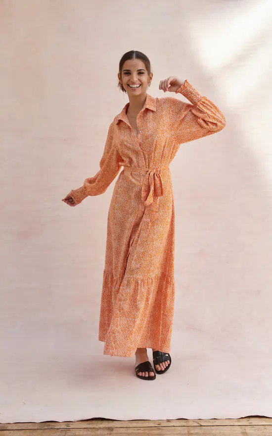 Long Sleeve Maxi Shirt Dress In Orange Print - Image 2